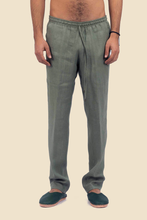 Straight leg linen pants with elastic waistline